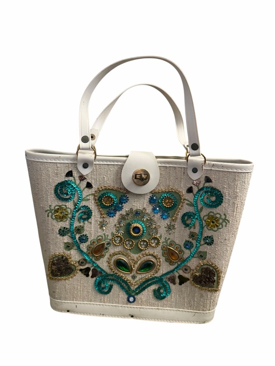 Enid Collins Handbags - Embroidered White Tote with Teal and Gold Accents